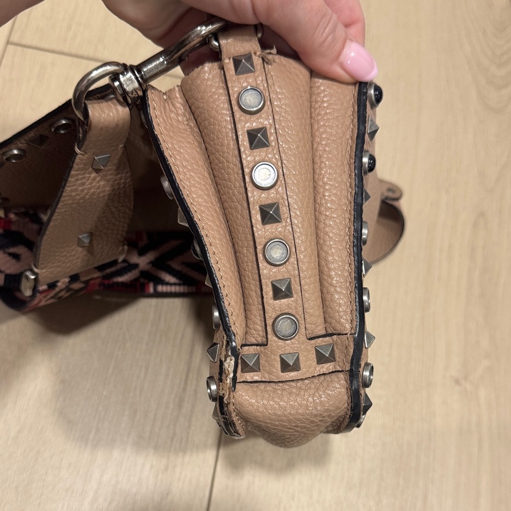 VALENTINO Studded Taupe Crossbody Bag with Patterned Strap Purse Damaged - Picture 7 of 15